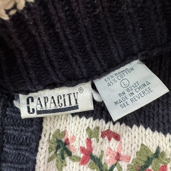 Vintage 90s Chunky Handknit Floral Sweater Cardigan Size L Womens - Picture 4 of 7